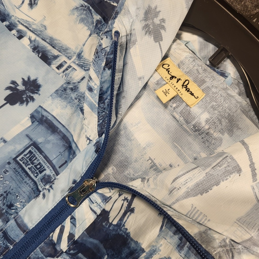 Chip & Pepper California Mens Blue White Surf Print Ripstop Hooded Jacket Large